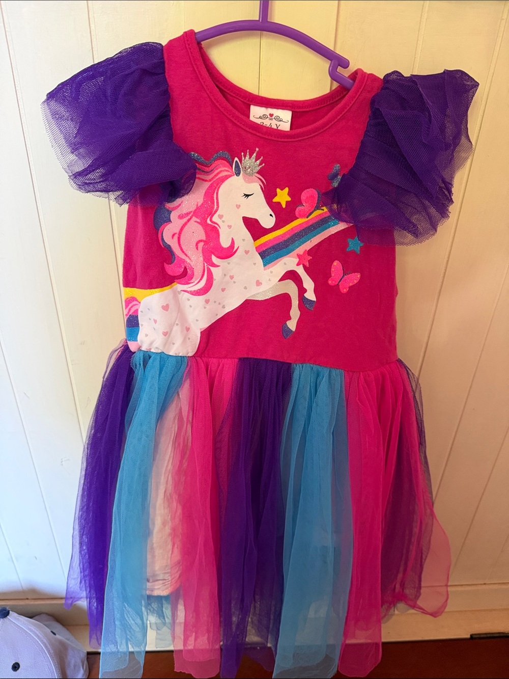 Fuchsia Unicorn Tulle Party Dress with Puff Sleeves